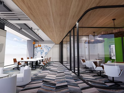 Public Office Space With Open Layout Wooden Ceiling Glass Partitions Green Wall And Colorful Carpet 3d model