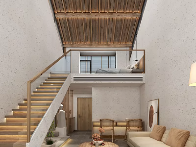 Bright Duplex Living Room Interior With Wooden Ceiling Staircase And Upper Floor Open Area 3d model