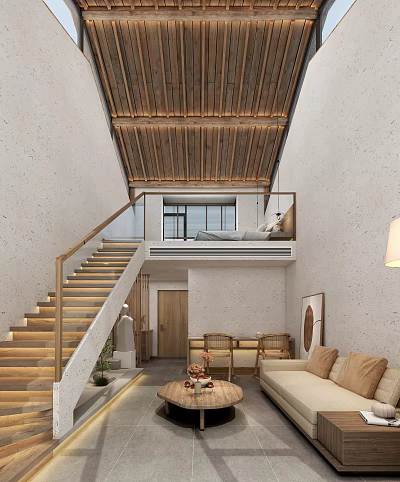 Bright Duplex Living Room Interior With Wooden Ceiling Staircase And Upper Floor Open Area 3d model