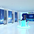 Cloud Computing Exhibition Hall Interior With Large Screens And Tech Display Podium 3d model