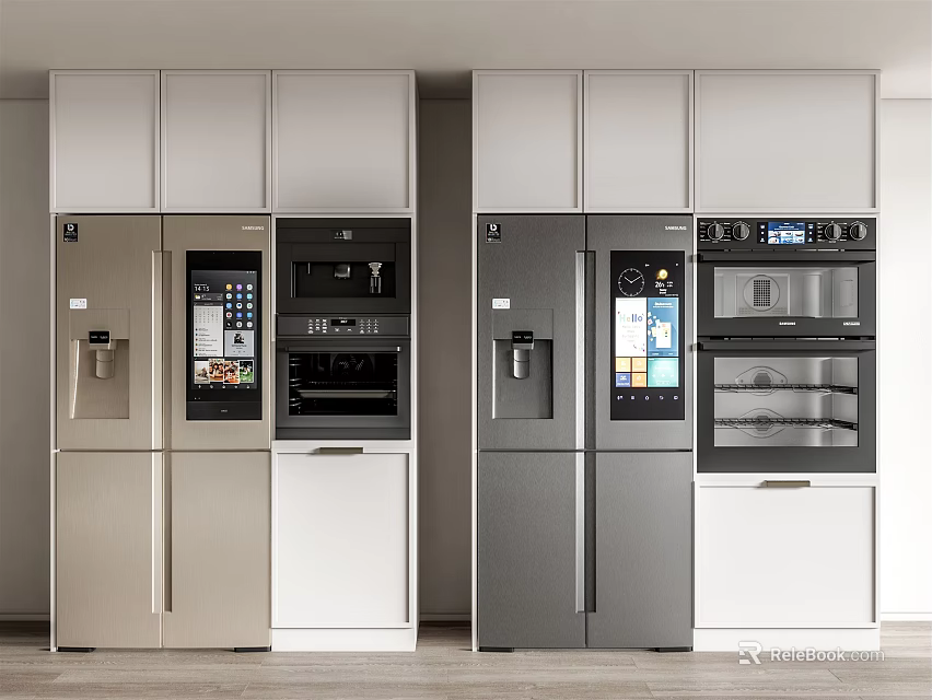 Stylish Modern Kitchen Interior With Refrigerators Freezers Built In Appliances Design 3d model 