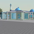 Scenic Mosque Architecture On Water With Blue Domes And White Minarets