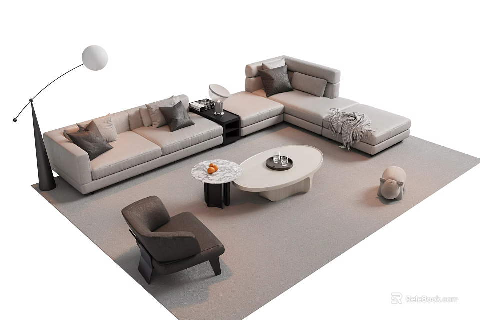 Modern L Sofa and Round Coffee Table Set with Cushions Floor Lamp Accent Chair 3d model 
