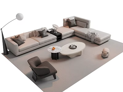 Modern L Sofa and Round Coffee Table Set with Cushions Floor Lamp Accent Chair 3d model