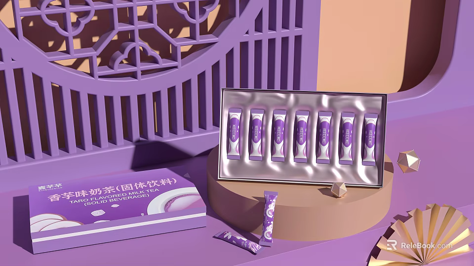 Sesame Flavor Tea Solid Beverage With Purple Packaging And Sticks 3d model 
