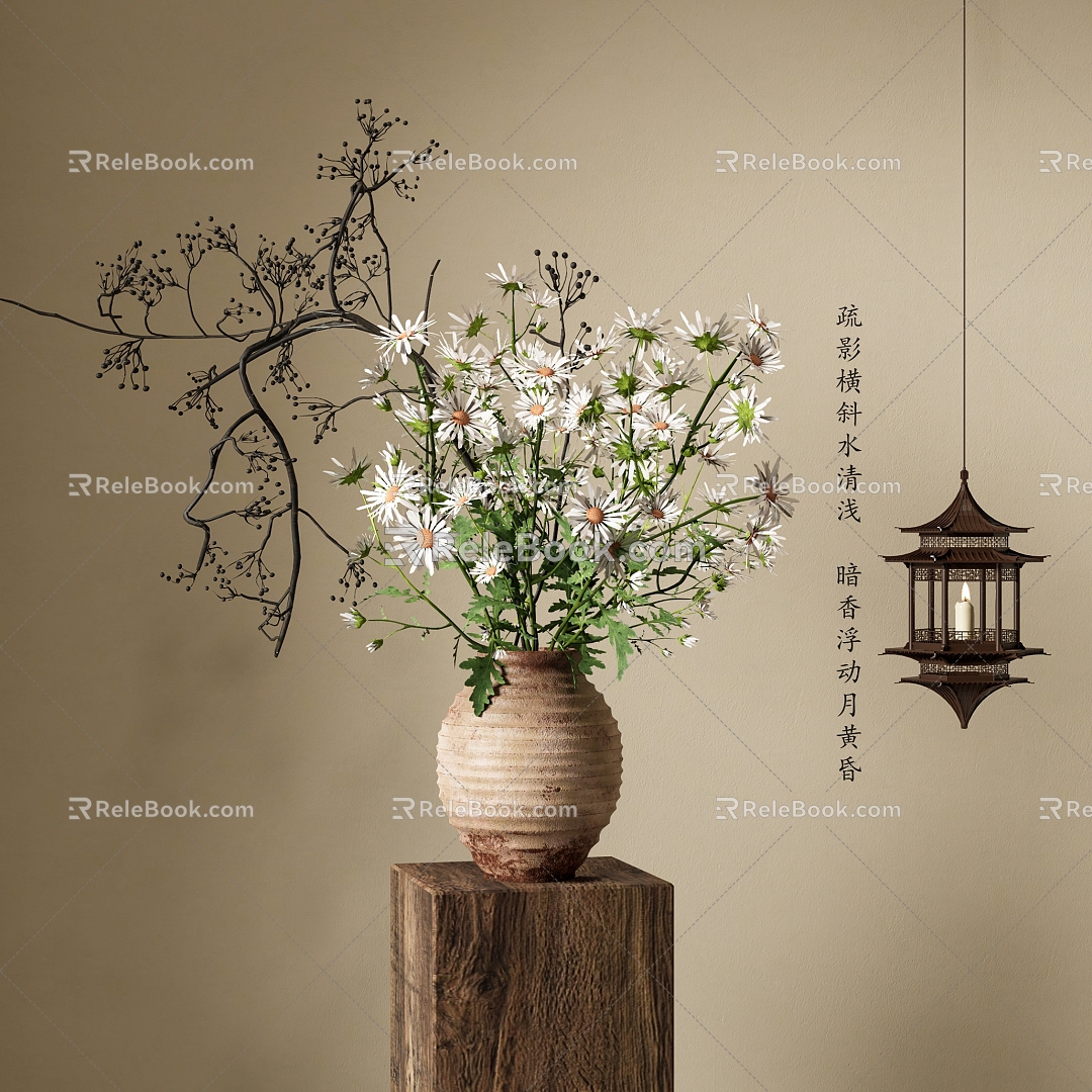 Quiet Pottery Pot Flower Art Flower Vase Flower Art Pottery Pot Ancient Architecture Chandelier 3d model