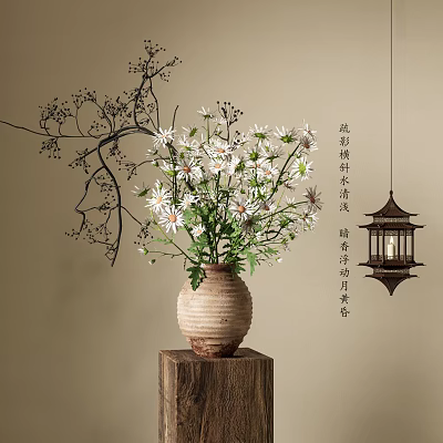 Traditional Ceramic Vase With White Flowers On Wooden Stump And Hanging Lantern 3d model