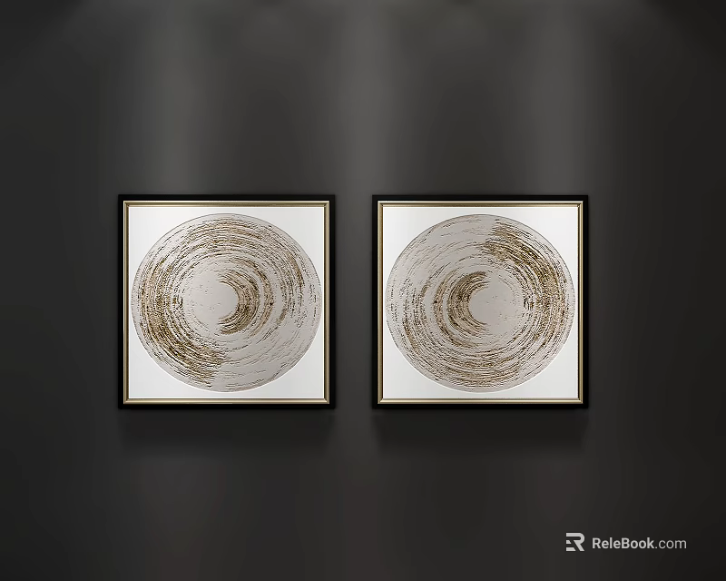 Abstract Paintings With Square Frames Circular Spiral Patterns Gold White On Dark Wall 3d model