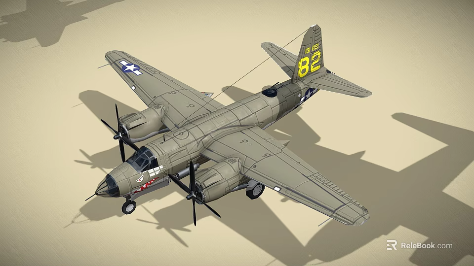 Vintage Propeller Fighter Jet with Yellow Tail Number 82 Blue Insignia and Gray Fuselage 3d model 