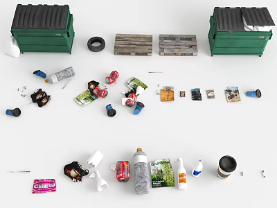 Display Of Various Waste Items And Containers 3d model