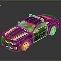 Gray Muscle Police Car With Red Blue Emergency Lights And White Stripes