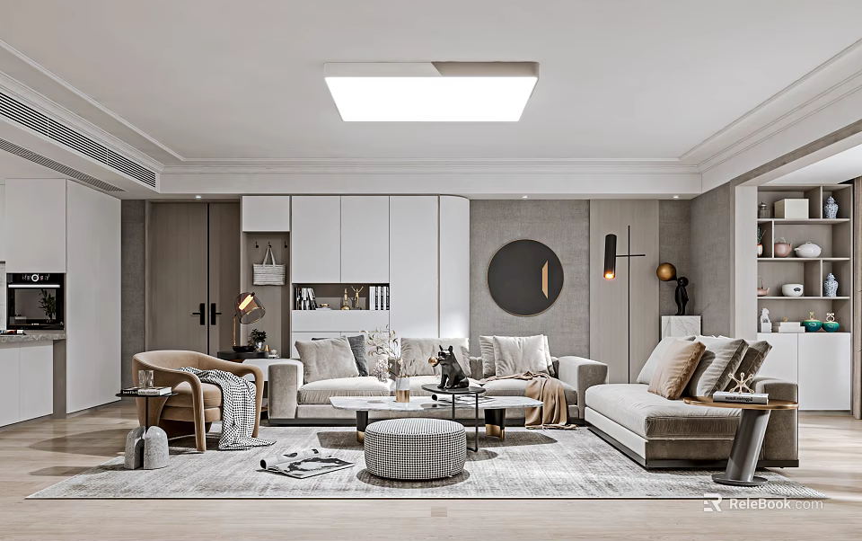 Modern Living Dining Room Interior With Sofa Coffee Table Round Mirror And Bookshelf 3d model 
