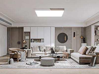 Modern Living Dining Room Interior With Sofa Coffee Table Round Mirror And Bookshelf 3d model