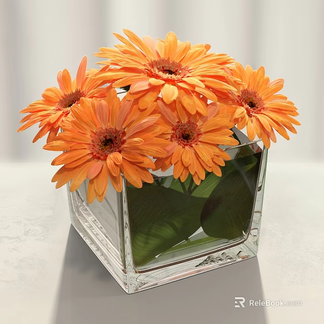 Beautiful Orange Gerbera Daisies In Square Glass Vase With Green Leaves 3d model 