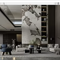 Modern Duplex Living Room Interior With Marble Wall Built In Bookshelves And Blue Accent Chair