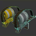 Mechanical Weapons With Golden And Silver Bodies Brown Straps And Red Metallic Bases Design