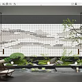 Modern Landscape Feature Wall With Mountain Cloud Pattern Green Plants And Water Feature 3d model