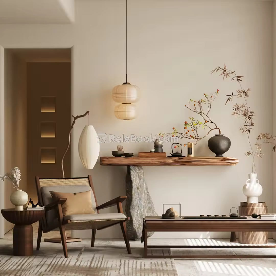 New Chinese Zen Style Table New Chinese Duan Jing Table New Chinese Entrance Table New Chinese Duan Jing Table Master Chair Solid Wood Single Chair New Chinese Floor Lamp Chandelier 3d model