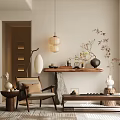 New Chinese Zen Style Table New Chinese Duan Jing Table New Chinese Entrance Table New Chinese Duan Jing Table Master Chair Solid Wood Single Chair New Chinese Floor Lamp Chandelier 3d model