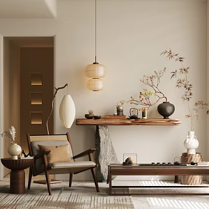 New Chinese Zen Style Table New Chinese Duan Jing Table New Chinese Entrance Table New Chinese Duan Jing Table Master Chair Solid Wood Single Chair New Chinese Floor Lamp Chandelier 3d model