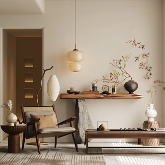 New Chinese Zen Style Table New Chinese Duan Jing Table New Chinese Entrance Table New Chinese Duan Jing Table Master Chair Solid Wood Single Chair New Chinese Floor Lamp Chandelier 3d model