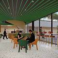 Modern Coffee Shop Interior With Spiral Staircase Bar Counter And Wooden Stools