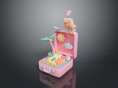 Pink Suitcase Toy Set With Bird Figurine Beach Elements And Accessories 3d model