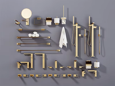 Modern Golden Bathroom Faucets With Shower Sets Towel Bars Mirror And Soap Dishes 3d model