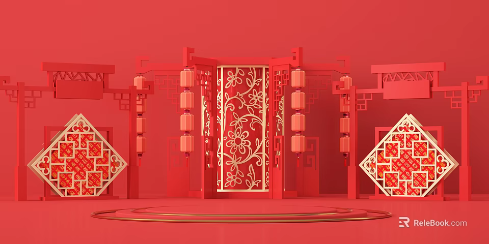 Chinese Traditional Red Decor With Ornate Gate Lanterns And Floral Patterns 3d model 