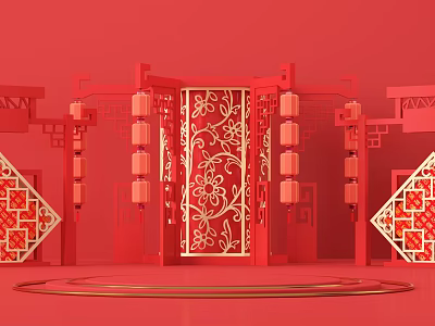 Chinese Traditional Red Decor With Ornate Gate Lanterns And Floral Patterns 3d model