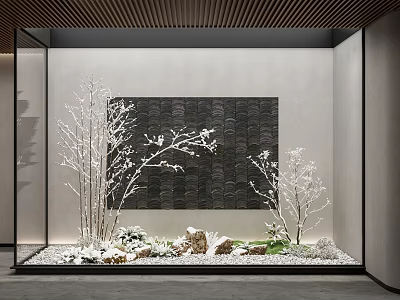 Courtyard Garden Landscape Design With Decorative Dry Branches Stones Moss And Tile Wall 3d model