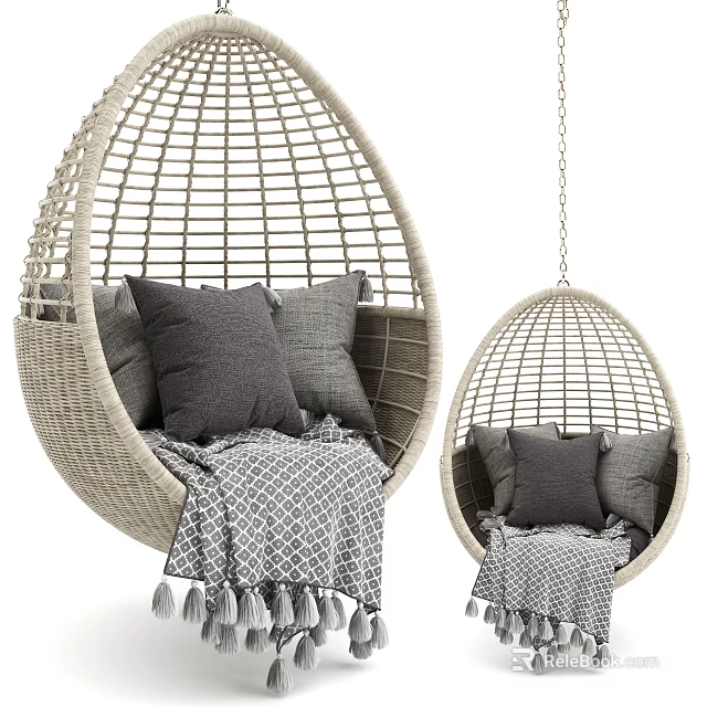 Rattan Egg Shaped Hanging Chair With Gray Cushions And Fringed Blanket 3d model 