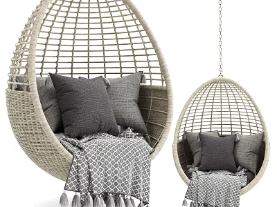 Rattan Egg Shaped Hanging Chair With Gray Cushions And Fringed Blanket 3d model