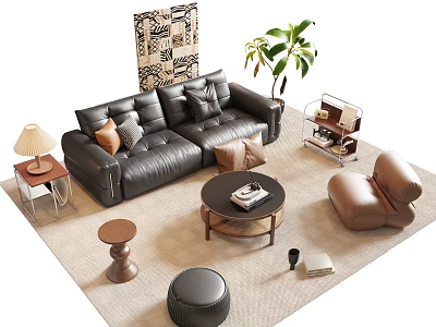Black Leather Sofa And Coffee Table With Cushions Armchair Side Table Floor Lamp And Plant 3d model