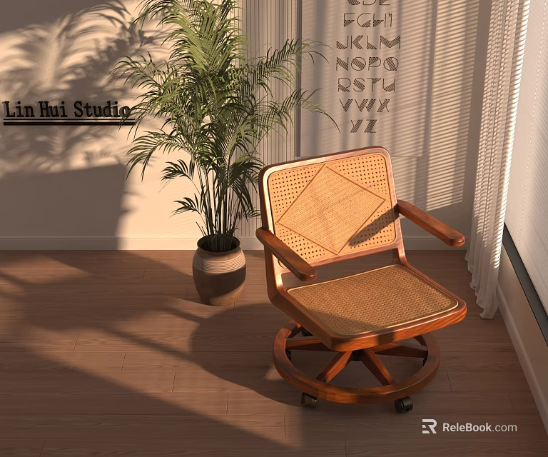Wooden Rattan Table And Chair Set With Swivel Chair Potted Plant And Letter Wall Decor 3d model 