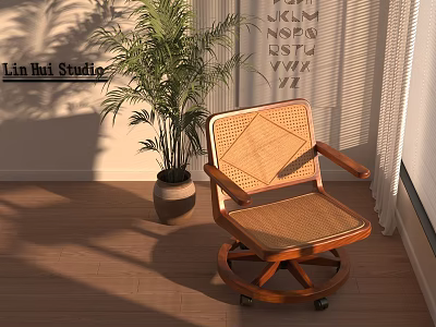 Wooden Rattan Table And Chair Set With Swivel Chair Potted Plant And Letter Wall Decor 3d model
