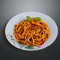 Delicious Yellow Noodles With Meat Slices And Green Leaf Garnish On White Floral Plate