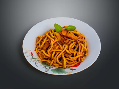 Delicious Yellow Noodles With Meat Slices And Green Leaf Garnish On White Floral Plate 3d model