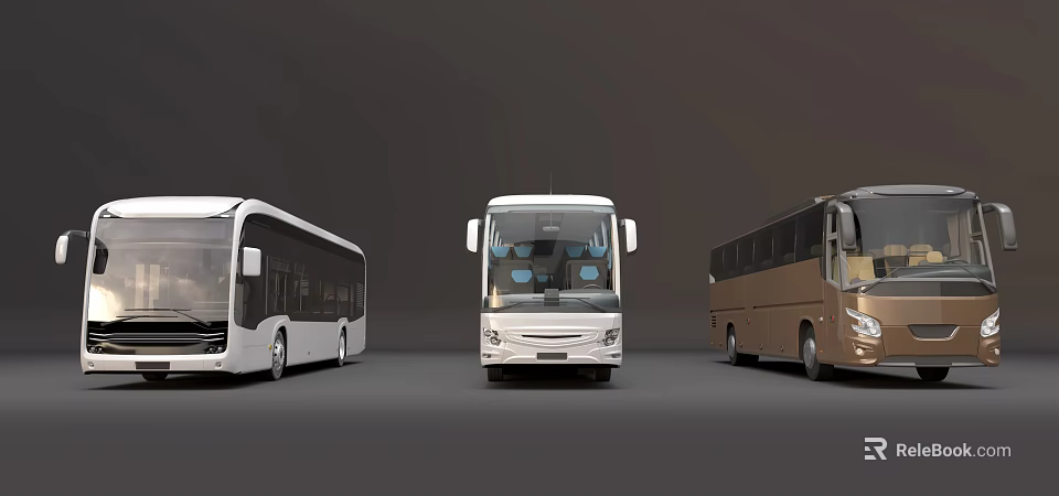 Three Different Colored Buses Including White And Brown Coach Models Lineup 3d model 