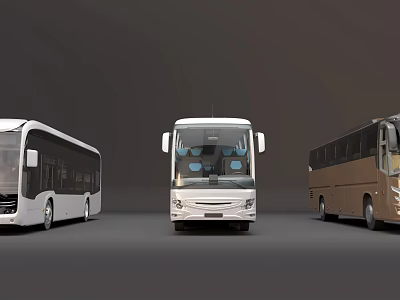 Three Different Colored Buses Including White And Brown Coach Models Lineup 3d model