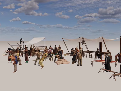 Outdoor White Canvas Tents With Wooden Support Frames And Open Air Setup 3d model