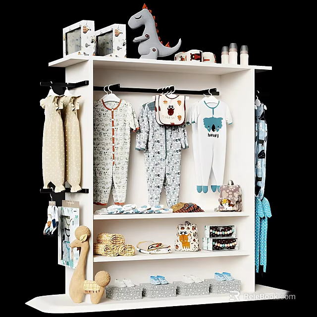 Organized Kids Closet With Baby Onesies Pajamas Bear Print Backpack Woven Baskets And Toys 3d model 