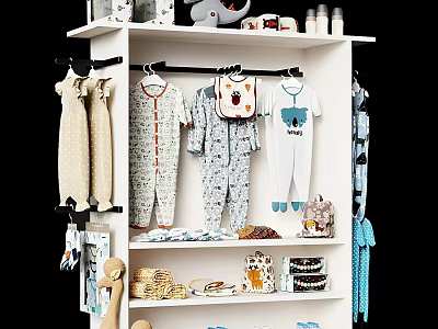 Organized Kids Closet With Baby Onesies Pajamas Bear Print Backpack Woven Baskets And Toys 3d model