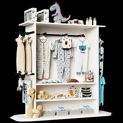 Organized Kids Closet With Baby Onesies Pajamas Bear Print Backpack Woven Baskets And Toys 3d model