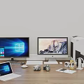 Modern Computer Setup With Desktop Monitors Laptop Camera Headphones And Accessories 3d model