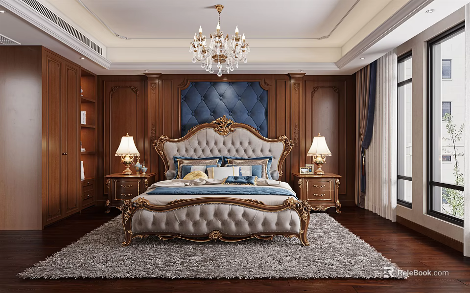 Luxurious Classic Bedroom Interior With Blue Tufted Headboard Golden Trim Crystal Chandelier And Gray Rug 3d model 