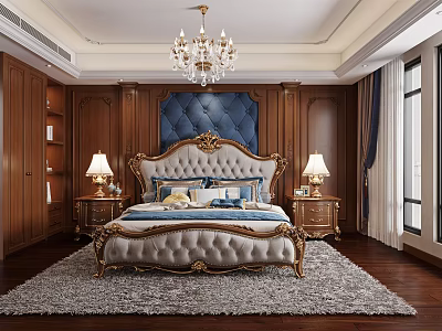 Luxurious Classic Bedroom Interior With Blue Tufted Headboard Golden Trim Crystal Chandelier And Gray Rug 3d model