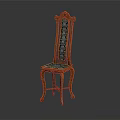 Classic High Back Carved Wood Chair With Blue Patterned Fabric And Curved Legs