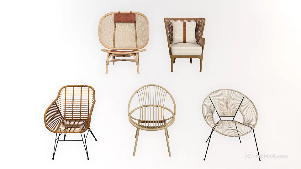 Various Styles Leisure Chairs With Rattan Woven Design Wooden Frames And Metal Legs 3d model 