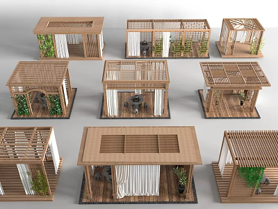 Wooden Pergola Designs with Various Roof Structures Seating and Green Plants 3d model